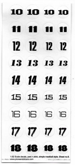 Pioneer DS202716 - Sticker Sheet #6, Racing Numbers 10-18