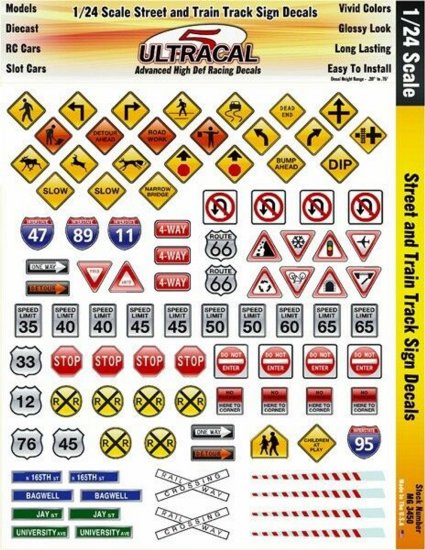 Ultracal 3450 - 1/24 DECALS - Street & Train Track Signs - Click Image to Close