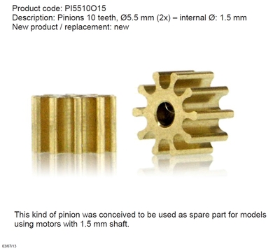 Slot.it PI5510O15 - Brass Pinions - 10T - 5.5mm - for 1.5mm shafts - pair