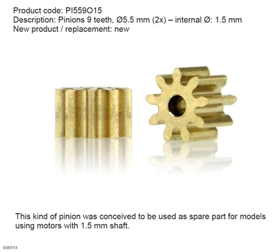 Slot.it PI559O15 - Brass Pinions - 9T - 5.5mm - for 1.5mm shafts - pair