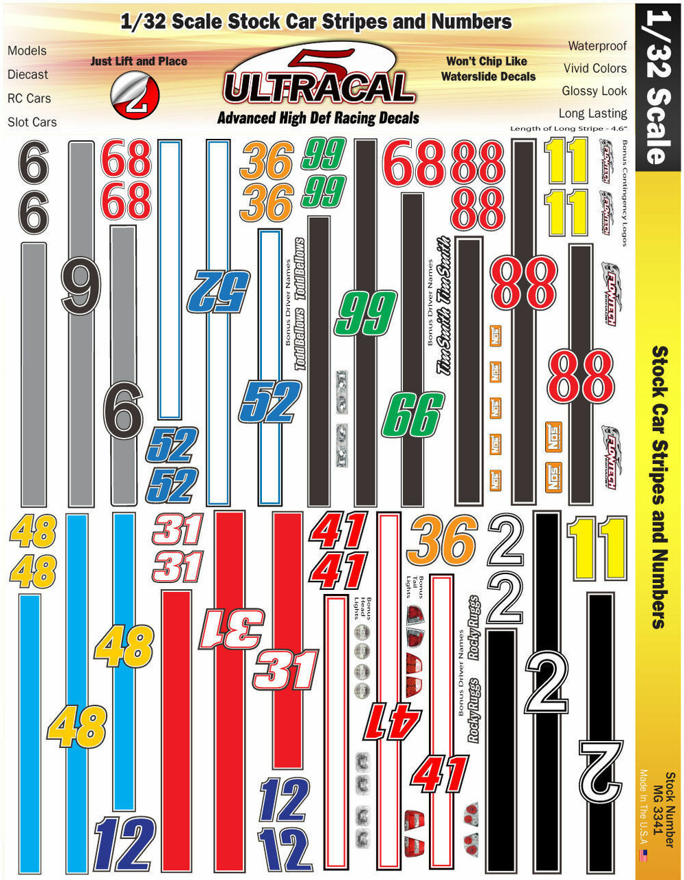 Ultracal 3341 - 1/32 DECALS - Stock Car Racing Stripes & Numbers