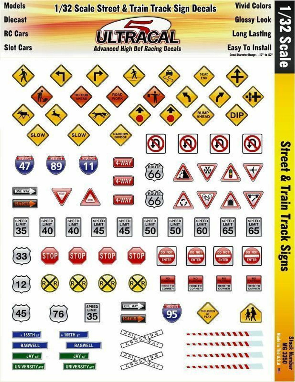 Ultracal 3350 - 1/32 DECALS - Street & Train Track Signs