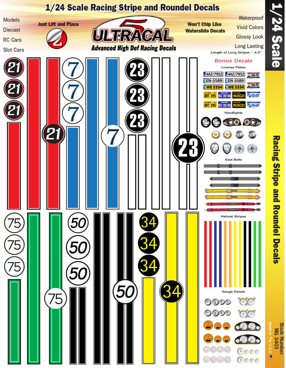 Ultracal 3403 - 1/24 DECALS - Racing Stripes & Roundels