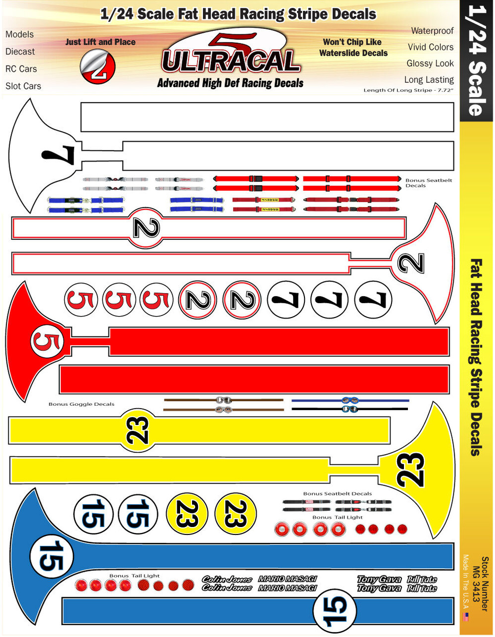 Ultracal 3413 - 1/24 DECALS - Fat Head Racing Stripes