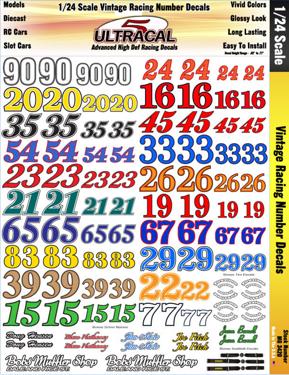 Ultracal 3420 - 1/24 DECALS - Vintage Racing Numbers