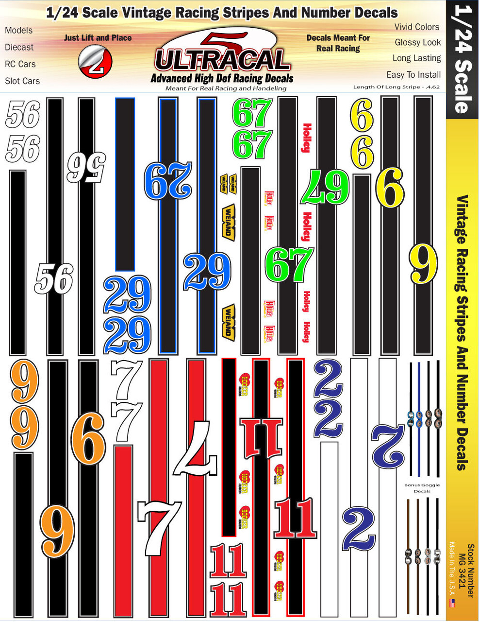 Ultracal 3421 - 1/24 DECALS - Vintage Racing Stripes & Numbers