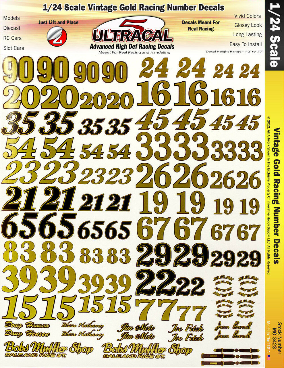 Ultracal 3423 - 1/24 DECALS - Vintage Gold Racing Numbers