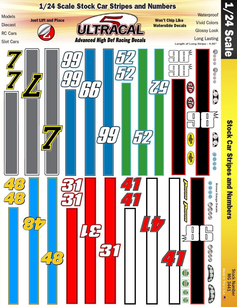 Ultracal 3441 - 1/24 DECALS - Stock Car Stripes & Numbers