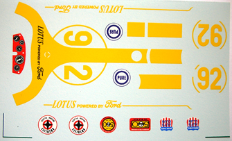 DEC415 - 1/24 Decal Sheet - Strombecker Lotus 29 - Jim Clark #92