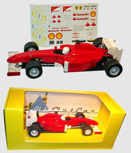 Allslotcar GP057 Formula 1 car, red with Ferrari decal sheet